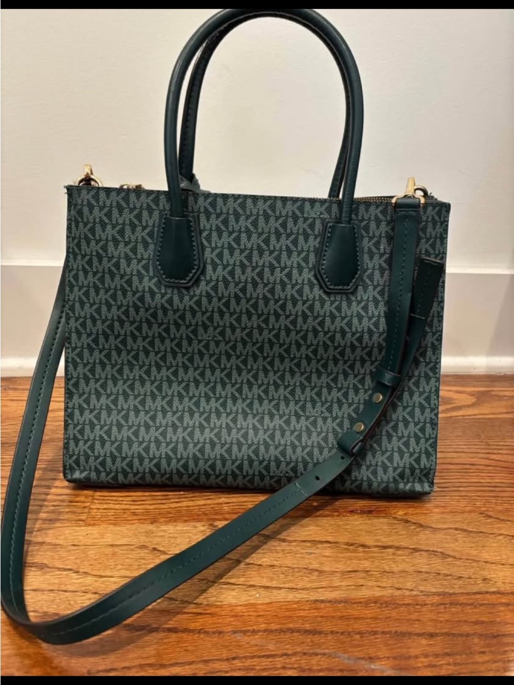 Michael Kors Dark Green MK Signature Satchel with Gold Hardware - Picture 2 of 16